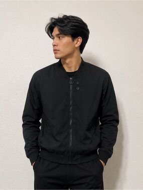 Men's Black Bomber Jacket - Minimal Zip Front
